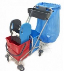 vozík kovový, kbelík 2x18l, plastový ždímač, miska, držák na pytel